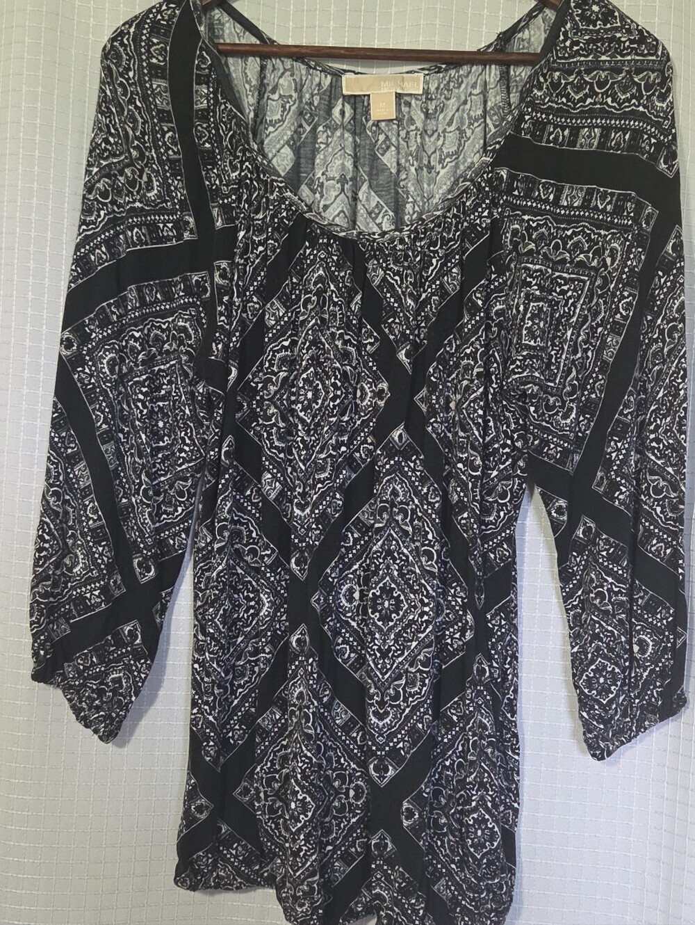 MICHAEL Michael Kors Black/White Print 3/4 Sleeve Pullover Shirt Top Size M